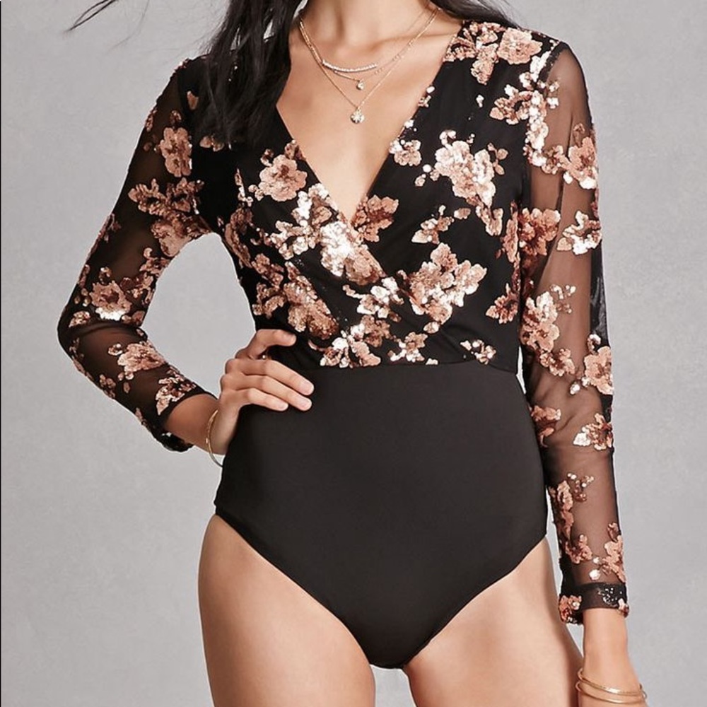 🌸🌷 Girl In Mind Long Sleeve Pink Floral Sequin Mesh Bodysuit